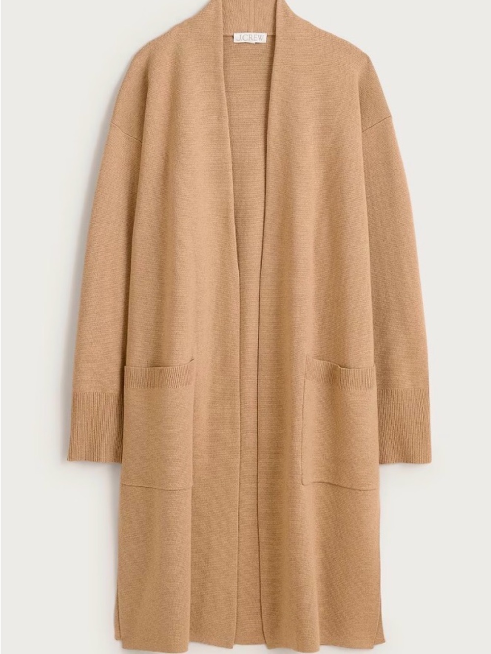 J. Crew Camel Open-Front Long Cardigan with Patch Pockets